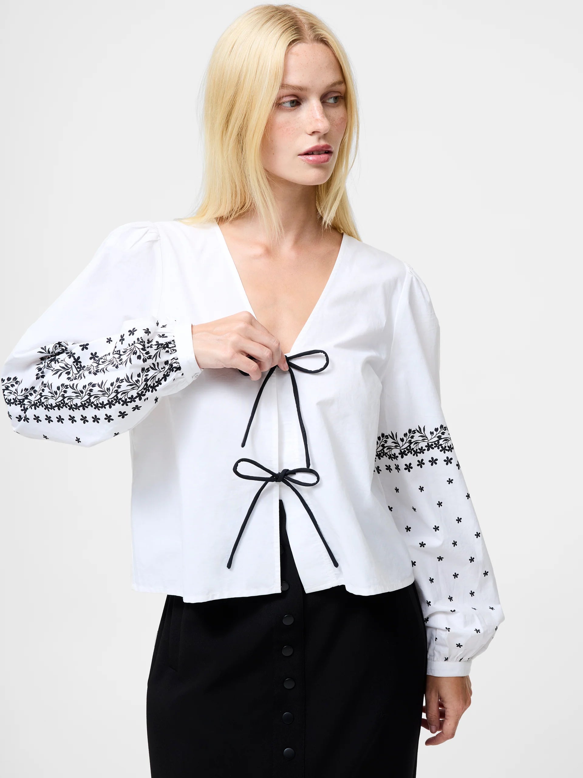 Cambria Cotton Floral Sleeve Tie Up Shirt