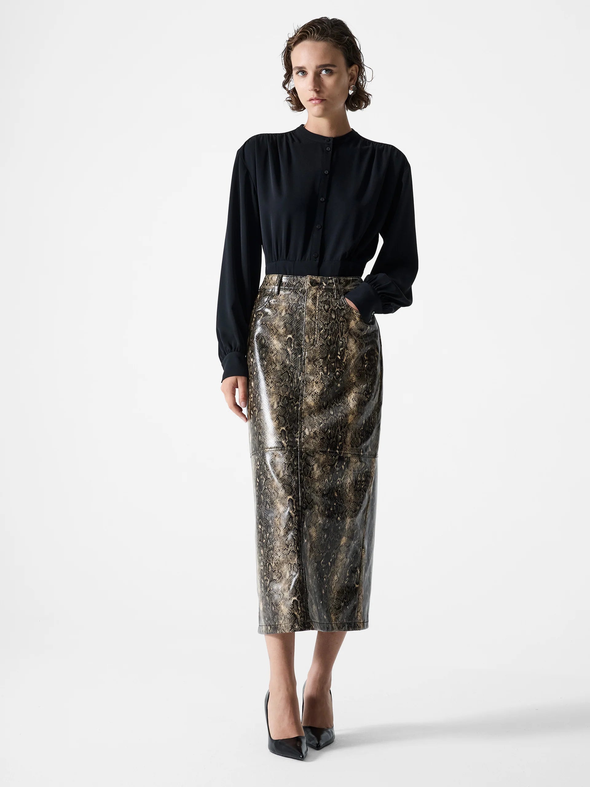 Brandy Snakeskin PU Midi Skirt